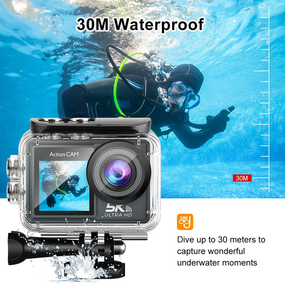 5K 4K60FPS Action Camera Dual IPS Touch LCD EIS 170° DVR 30M Waterproof 5X Zoom Sport Camera With Wireless Mic & Pre Recording