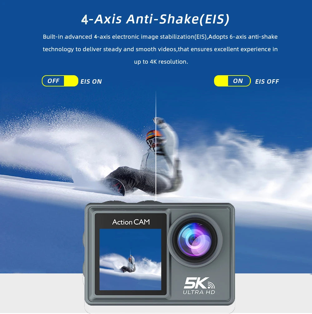 5K 4K60FPS Action Camera Dual IPS Touch LCD EIS 170° DVR 30M Waterproof 5X Zoom Sport Camera With Wireless Mic & Pre Recording