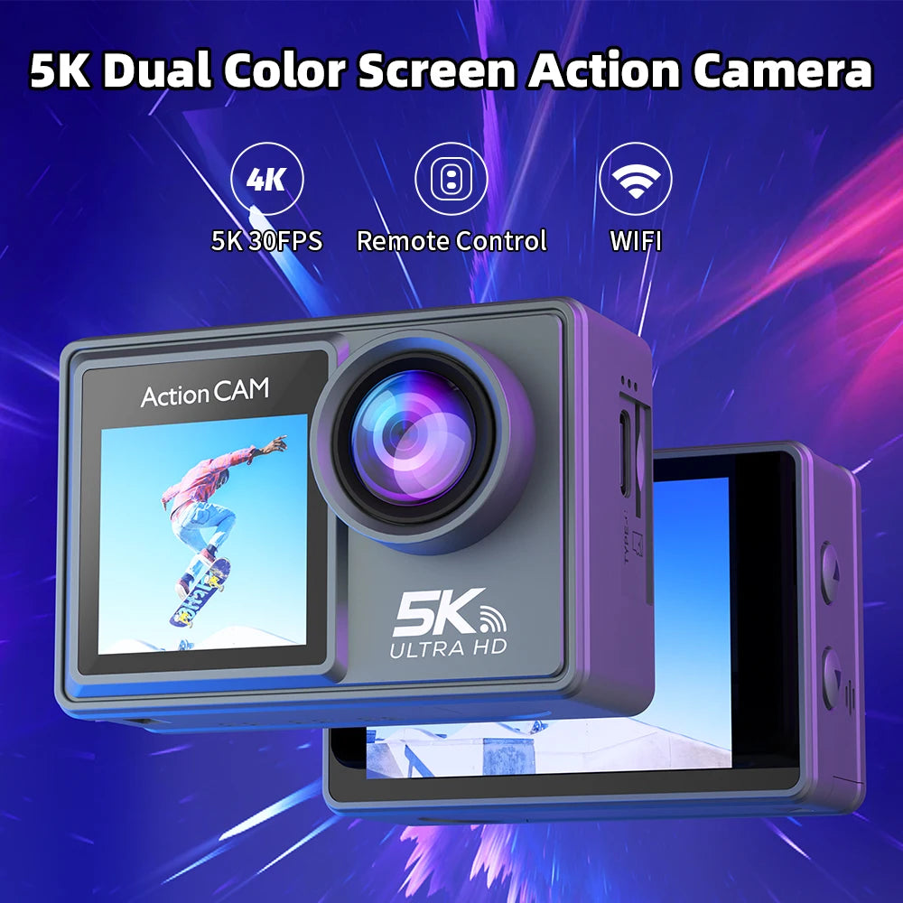 5K 4K60FPS Action Camera Dual IPS Touch LCD EIS 170° DVR 30M Waterproof 5X Zoom Sport Camera With Wireless Mic & Pre Recording