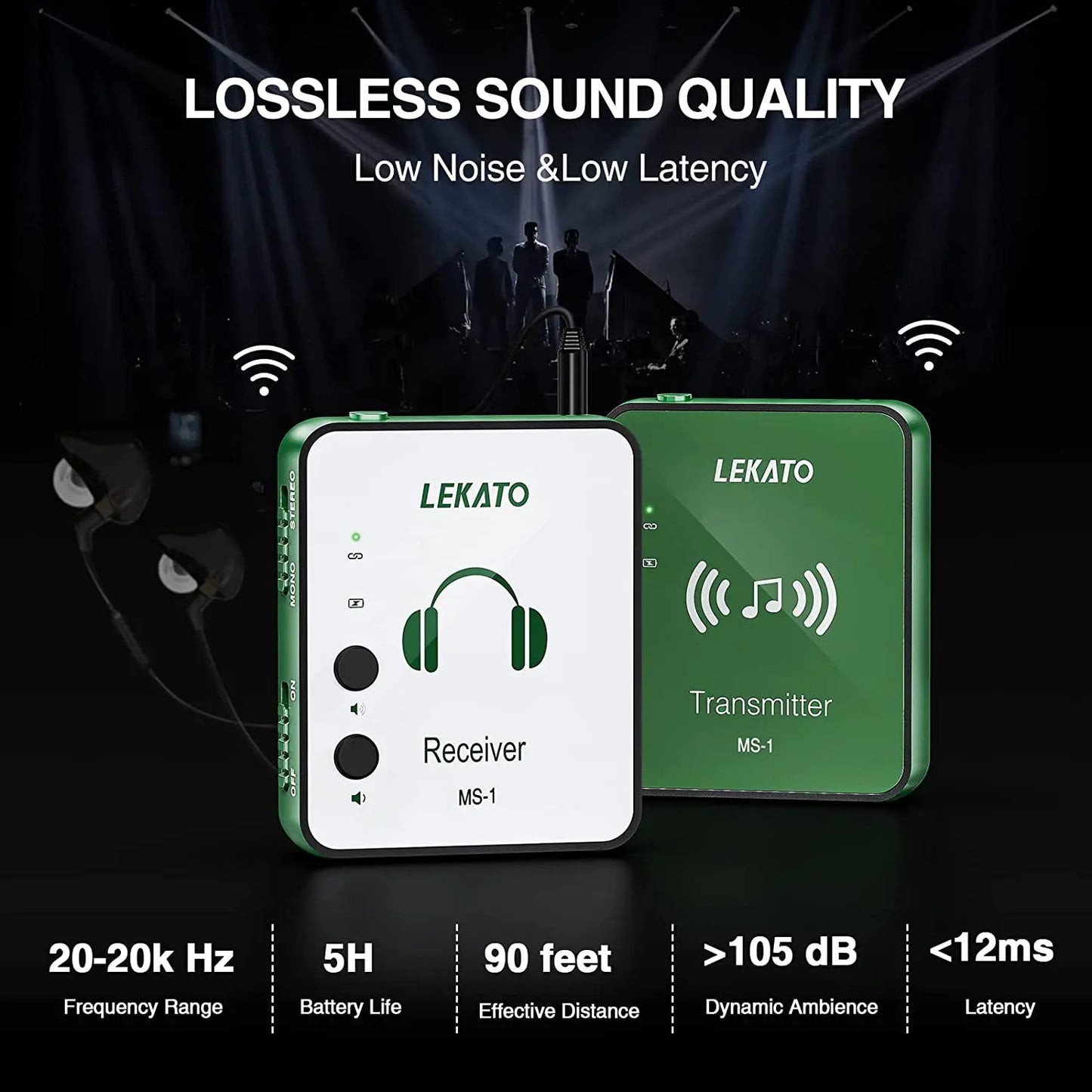 LEKATO Wireless in-Ear Monitor System 2.4Ghz Wireless IEM System with Transmitter Receiver Automatic for Studio Live (MS-1G)