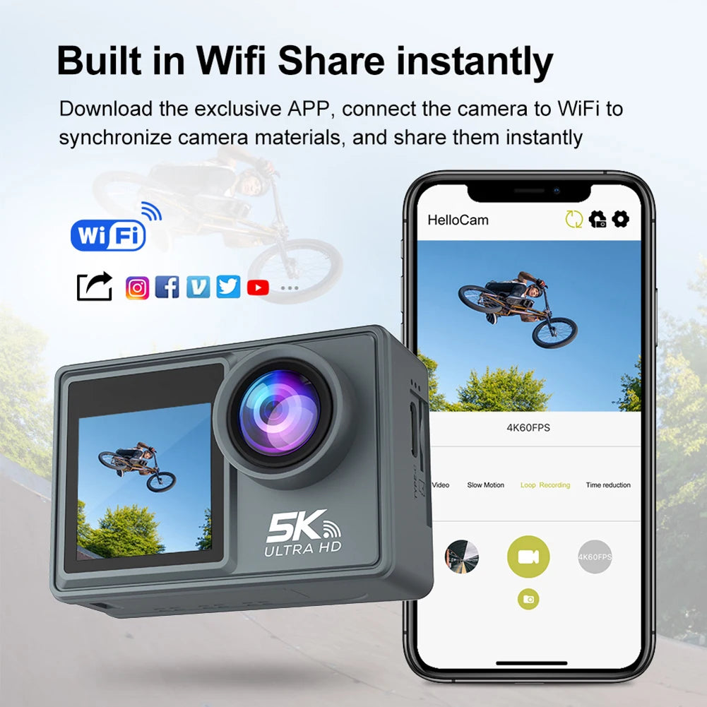 CERASTES 5K WiFi Anti-shake Action Camera 4K 60FPS Dual Screen 170° Wide Angle 30m Waterproof Sport Camera with Remote Control