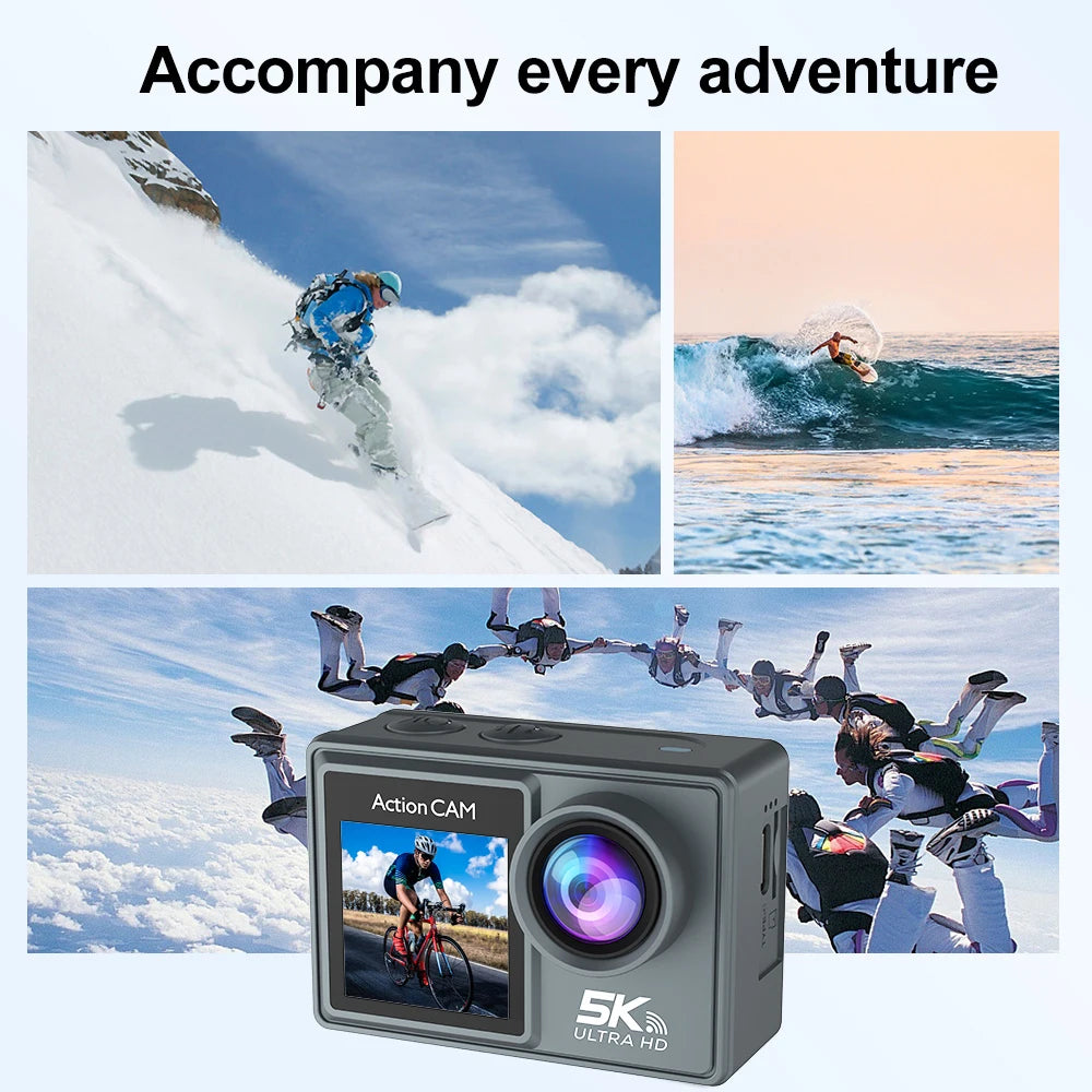 5K 4K60FPS Action Camera Dual IPS Touch LCD EIS 170° DVR 30M Waterproof 5X Zoom Sport Camera With Wireless Mic & Pre Recording